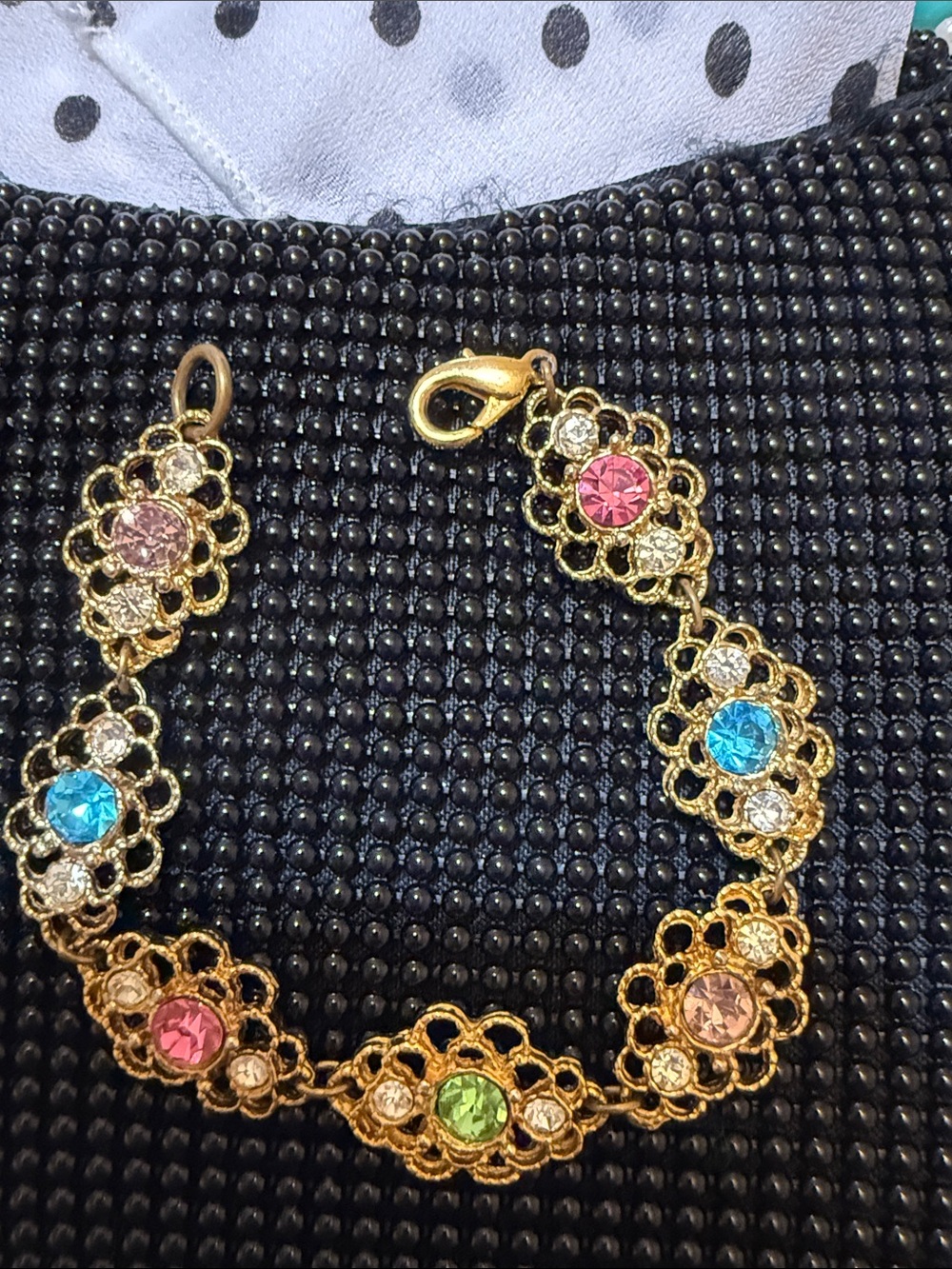 Gold Floral Crystal Bracelet with Pink, Blue & Green Stones